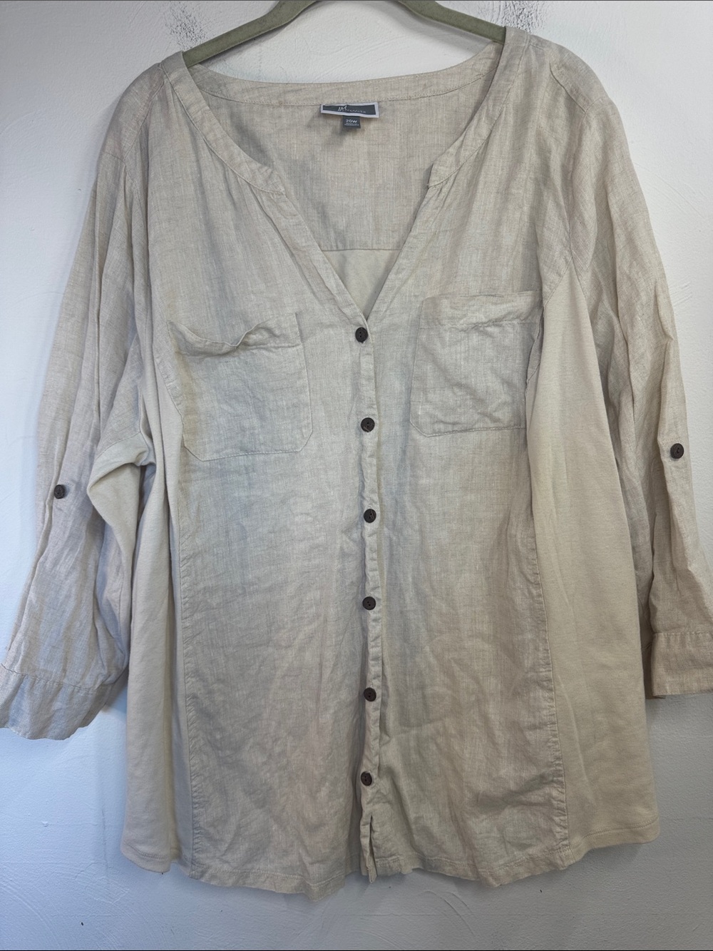 JM Collection Beige Button-Down Linen Blouse plus size beach resort vacation